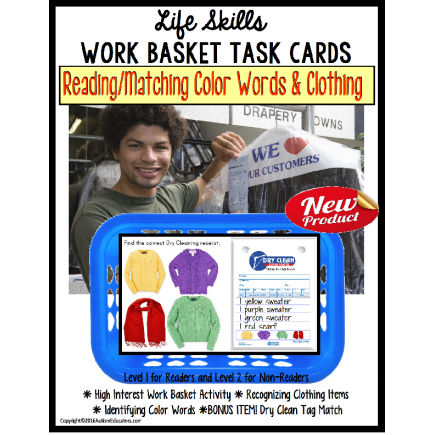 Life Skills Work Basket Task - Reading and Matching Functional Color and Clothing Words DRY CLEANERS